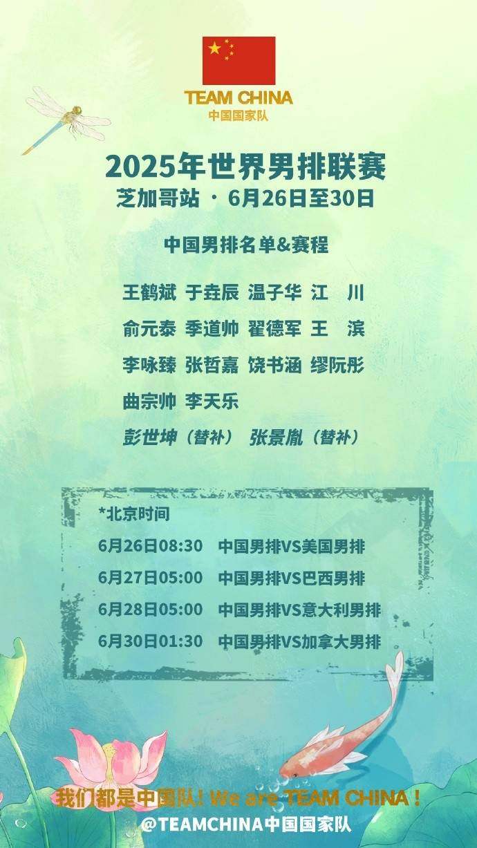 中国男排美国站14人名单：江川领衔 彭世坤与张景胤替补